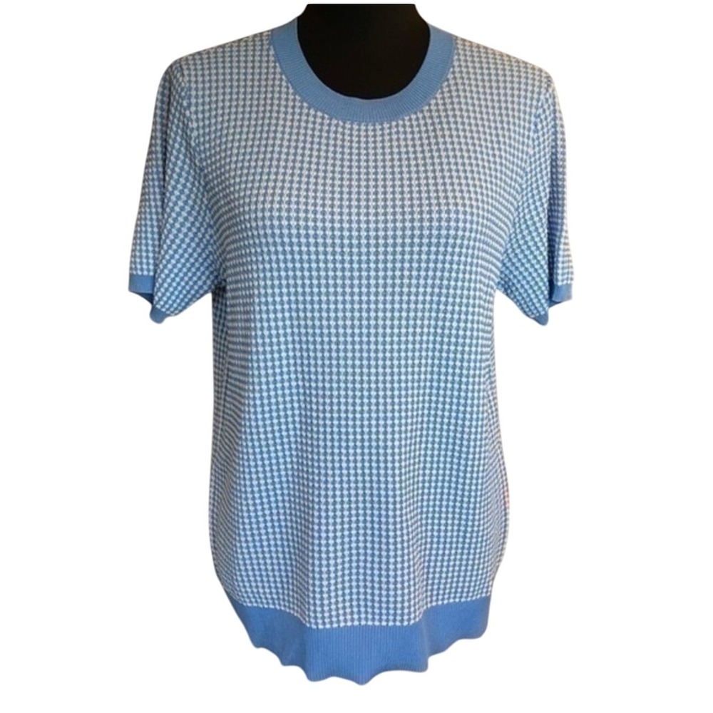 Anne Klein Blue White Houndstooth Knit‎ Short Sleeve Sweater Women's Size M, NWT